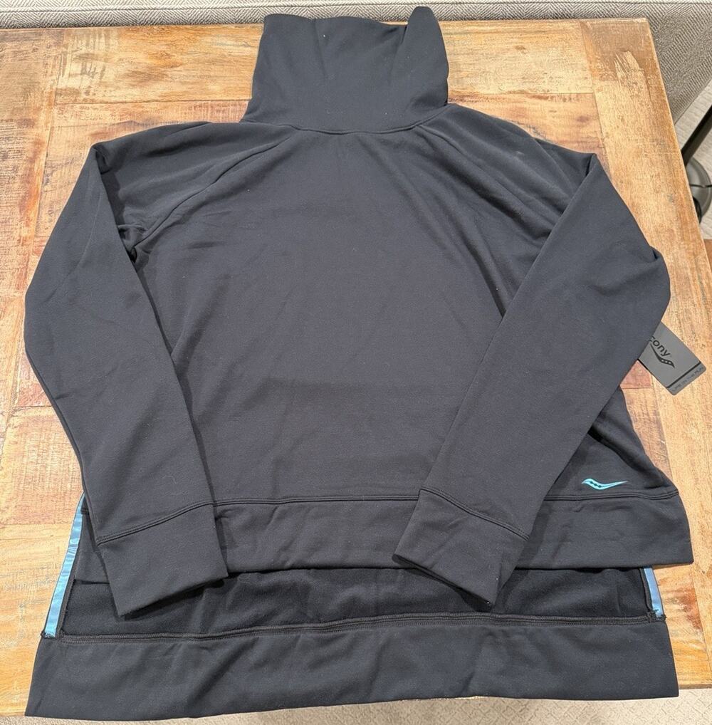 Saucony Women’s 1X Funnel Neck Sweatshirt Black Fleece Pullover NWT Thumbholes